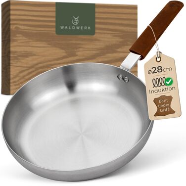 Сковорода нержавіюча WALDWERK 28 см індукційна, жароміцна - без покриття, з шкіряною ручкою