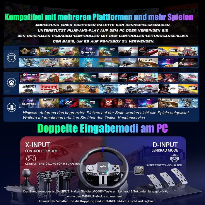 PXN V9 Gen2 Ігрове кермо для ПК, Xbox та PS4 з педалями та перемикачем передач, 270° оберт, 900° кут повороту, ефект Холла, вібрація