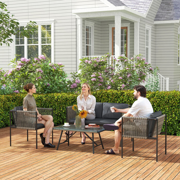 Набір садових меблів Outsunny з ротангу (штучного) Lounge-set з 2-місним диваном, кріслом, скляним столиком, подушками, стійким до погодних умов, для балкона, на 4 особи. Зовнішня зона відпочинку, садові меблі для тераси, балкона, сірого кольору | Aosom
