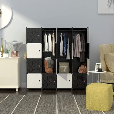 HOMIDEC Wardrobe, Portable Shelving System, 20 Cube Closet made of Plastic with 2 Clothes Rails, Bedroom Wardrobe Closet White for Bedroom, 180 x 142 x 45cm (16 cube, White & Black)