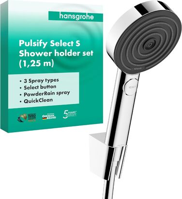 Душовий набір hansgrohe Pulsify Select S, кругла лійка з 3 режимами (PowderRain), тримачем і шлангом 1,25 м, хром