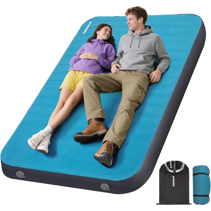 Килимок для кемпінгу Fundango самонадувний, 9.5 R-значення, піна-пам'ять, 10 см товщина, 3D посилені боковини, м'яка оксамитова поверхня для намету, подорожей на авто (подвійний)