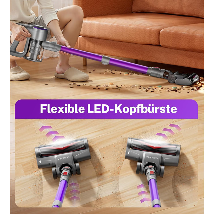 Бездротовий акумуляторний пилосос з потужністю 25000Pa, 175W, час роботи 50 хвилин. З антизаплутувальною насадкою та самостійне зберігання. Легкий ручний пилосос для твердих підлог, килимів, шерсті тварин. Колір: Taro-violett