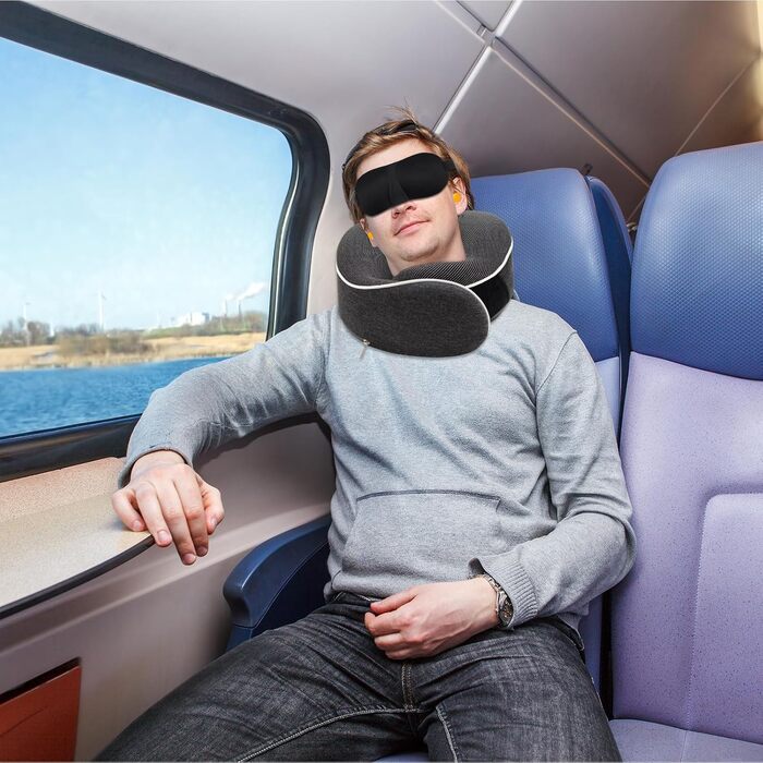 Подушка для шиї у подорожах Memory Foam - Подушка-вишийначка з маскою для сну та навушниками - Сіра