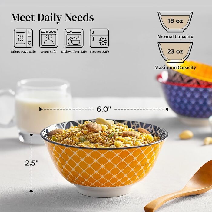 Набір мисок DOWAN 6 шт., 680 мл, для мюслі, супу, салату, сніданку, обіду, святковий набір, квітковий дизайн