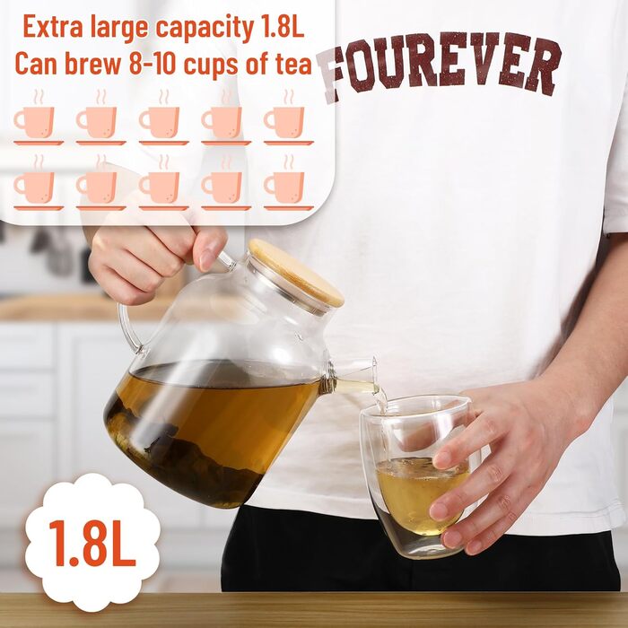 Чайник зі скла 1,8л з дерев'яним кришкою, з ситечком. Скляний чайник з боросилікатного скла, стійкий до високих та низьких температур, безпечний. Підходить для чаю, трав'яного чаю та фруктових напоїв.