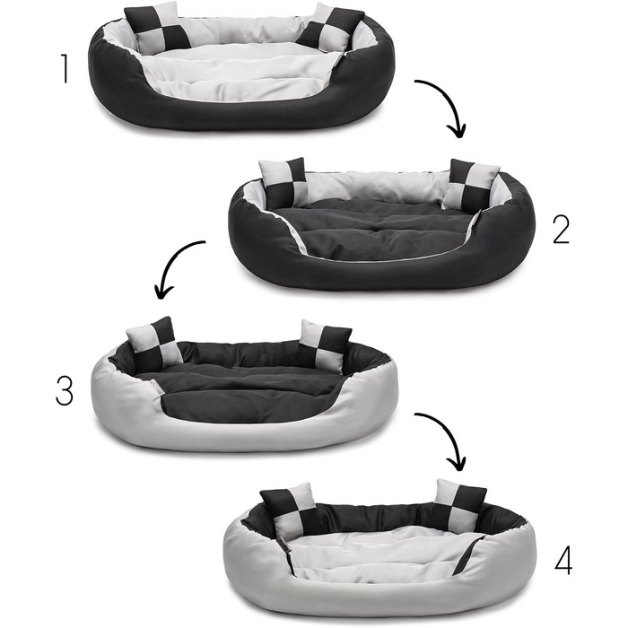 Ліжко для собак та котів Lionto 4-в-1 з воротком, 65x50 см, водовідштовхувальне, сіре/чорне, з декоративною подушкою