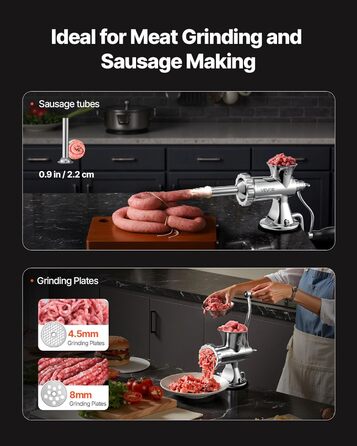 М'ясорубка ручна VEVOR 304 нержавіюча сталь, диски 4.5/8 мм, для фаршу та ковбас, срібляста