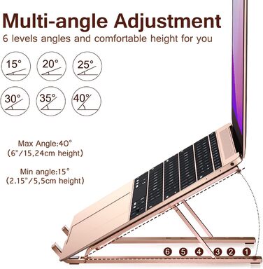 Підставка для ноутбука Ivoler, регульована по висоті (6 рівнів), алюмінієва, складна, портативна, з вентиляцією, сумісна з ноутбуками та планшетами 10-15.6