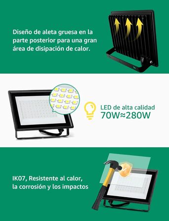 Aigostar LED Flood Light Outdoor Indoor 100W 8700LM Cool White 6500K LED Spotlight Projector IP65 Waterproof LED Outdoor Floodlight for Bright Garden Garage Sports Field Yard Floodlight (70W, 2 pcs)