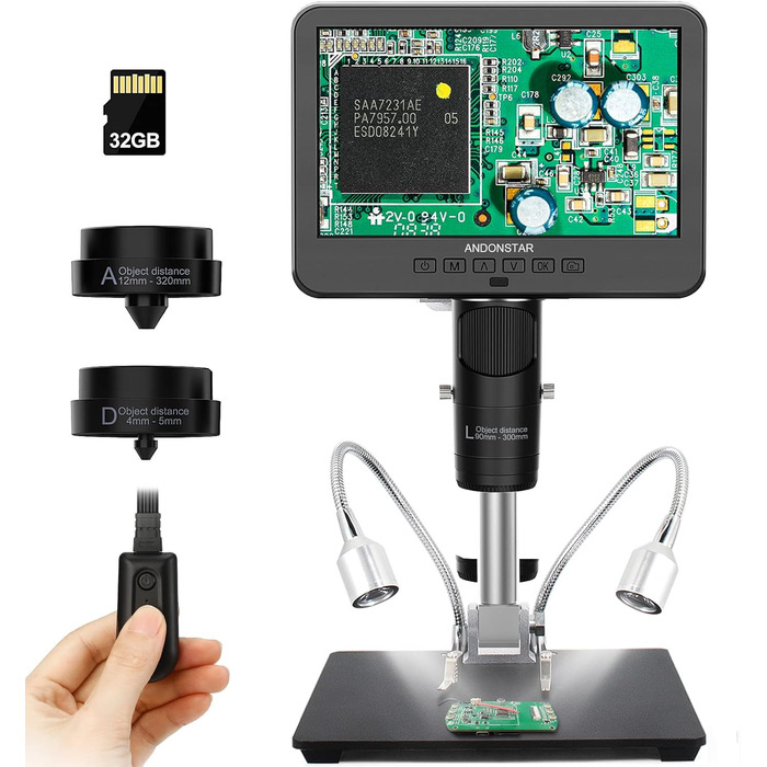 Цифровий мікроскоп Andonstar AD246S-M з 7-дюймовим екраном, 2000x, 3 об'єктиви, 2160P UHD відеозапис, 32GB карта пам'яті