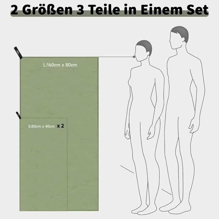 Набір рушників з мікрофібри Pameil (3 шт.): великий (160x80 см) + 2 маленькі (80x40 см), швидковисихаючі, для подорожей, спорту, сауни, армійного кольору