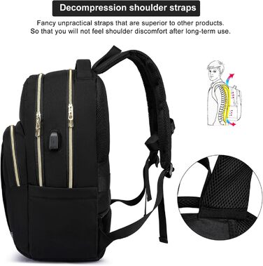 Рюкзак шкільний YIORMIOR для підлітків, чоловіків та жінок, 35L, USB-порт для зарядки, 15.6 дюймів, чорно-золотий