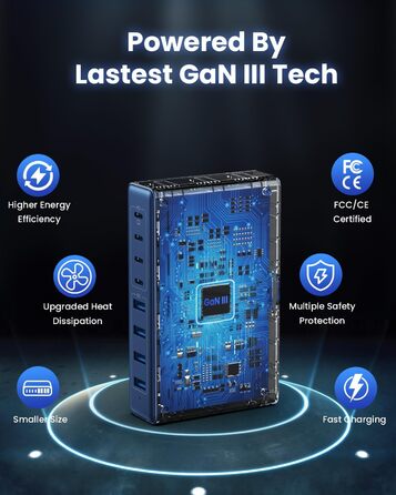 Мережевий зарядний пристрій USB-C 200W GaN III з 8 портами для MacBook Pro/Air, iPad, iPhone, Samsung, Steam Deck, QC4.0, PPS, PD 65W (Синій)