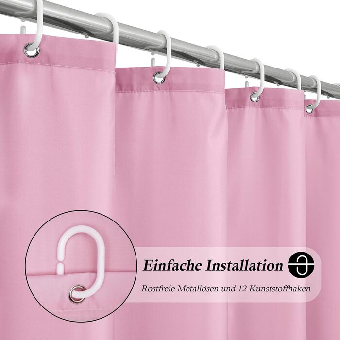 Штора для душу EurCross 180x200 см рожева водонепроникна антигрибкова текстильна, з кільцями (1 шт)