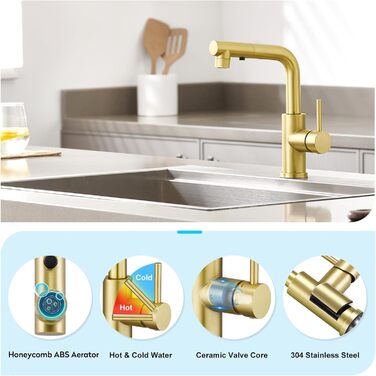 Кран кухонний CREA з 3 функціями: душ, висувний вилив, поворот 360°, матове золото (щітковане)