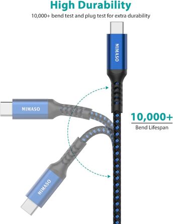Кабель USB-C Nimaso [2 шт., 2м], 20V/3A/60W, для Samsung, Google Pixel, MacBook, iPad, iPhone, блакитний