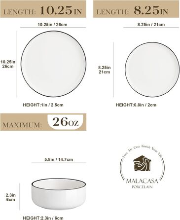 MALACASA, Luna Series, 12-Piece White Porcelain Dinnerware Set – Combination Set, including 4 Dinner Plates, 4 Dessert Plates, and 4 Cereal Bowls for 4 people