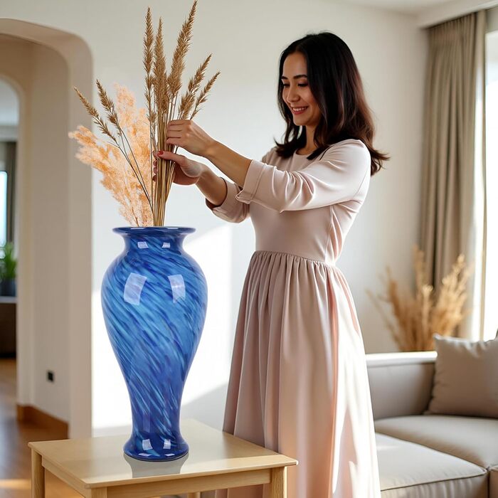 Велика скляна ваза 50,8 см, ручної роботи, для дому та декору, сучасний дизайн (Блакитна)