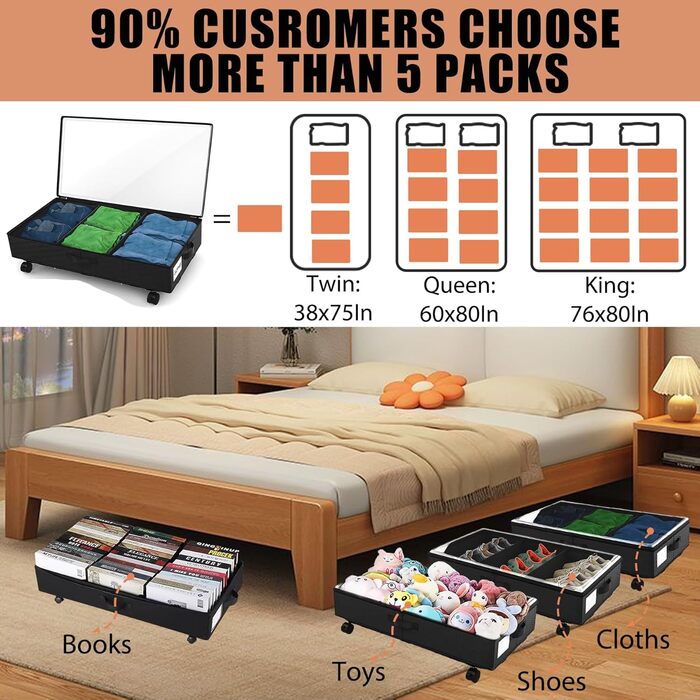 2 шт. Коробка для зберігання під ліжком 49L, комод на колесах з кришкою, металевий каркас, органайзер для одягу, взуття, ковдр, постільної білизни, чорний