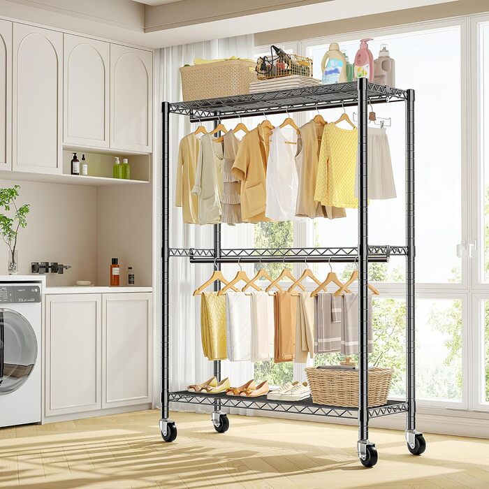 Вішалка для одягу на коліщатках 90x40x200 см, вантажопідйомність 150 кг, 2 висувні штанги, регульована полиця, великий об'єм для зберігання одягу, стабільна та мобільна