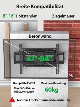 Кріплення для телевізора USX-MOUNT, поворотне та нахильне, для LED, LCD, Plasma (47-84 дюймів), VESA 600x400 мм, подвійний подовжуваний кріплення, до 60 кг