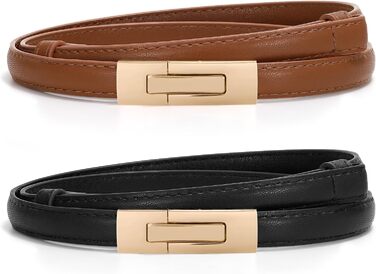 Жіночий шкіряний ремінь WERFORU - тонкий, регульований, з декоративною золотистою пряжкою, чорний+коричневий, довжина 105 см, розмір талії до 93 см