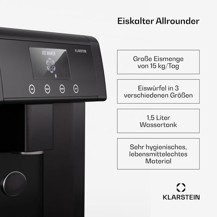 Машина для приготування льоду Klarstein Eiswürfelmaschine Klein, 3L, чорна. Виробляє до 15 кг льоду за 24 години, 3 розміри кубиків льоду. Легке очищення.