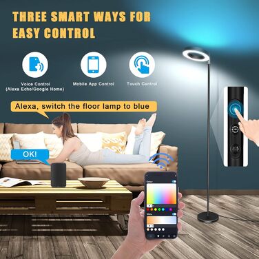 LED торшер, 42W, 16 мільйонів кольорів RGBCW, WiFi, Smart, двосторонній, для вітальні, сумісний з Alexa/Google Home, синхронізація з музикою, регульована яскравість, торшер для читання в спальню, RGB-42W