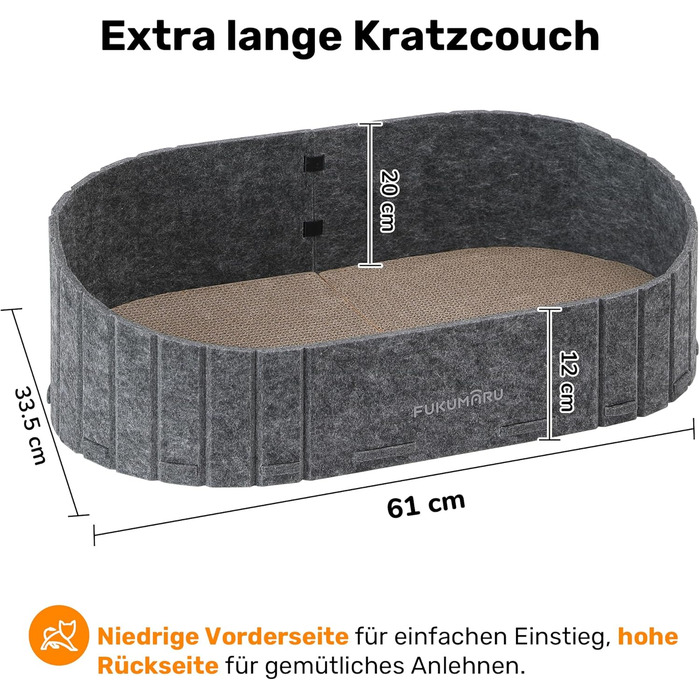 Кразбокс для котів FUKUMARU: диван з картону та фетру, 61 см, сірий