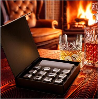Камені для віскі Com-Four® з нержавіючої сталі - подарунчий набір (12 шт.) з мішечком та коробкою
