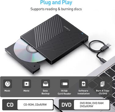 Зовнішній DVD-накопичувач ORIGBELIE з 4 USB та 2 TF/SD слотами, ультратонкий CD/DVD-привід (записувач та рідер) для ноутбука, PC, Mac, Windows 11/10/8/7, Linux