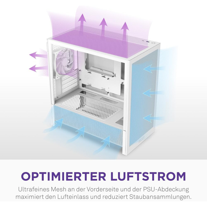 NZXT H3 – Корпус для ПК Micro-ATX з оптимізованим повітряним потоком, 120мм вентилятор, підтримка Full-Size GPU, радіатори 280мм/240мм (білий, Flow)
