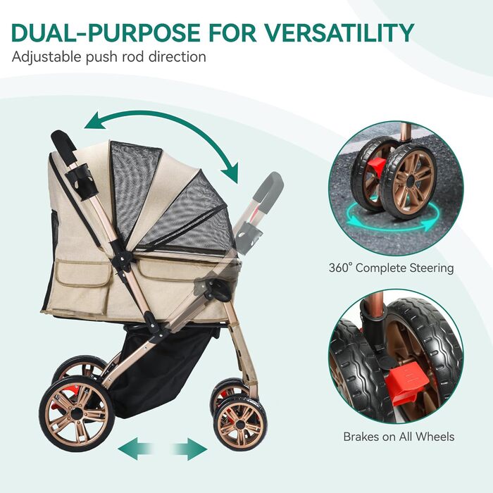 YITAHOME Buggy для собак та котів, складний, до 22 кг, з обертовим ручками, сітковими вікнами, тримачем для напоїв, EVA-колеса з гальмом (Бежевий)