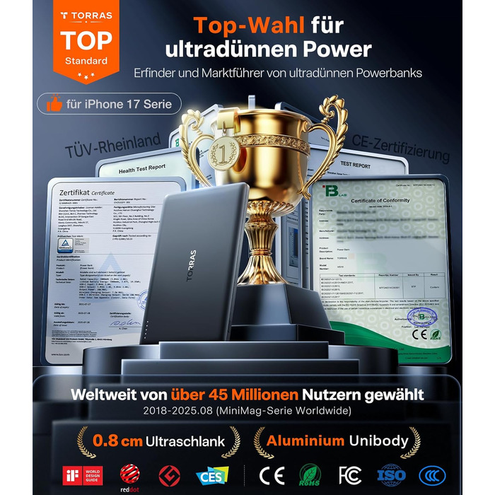 Powerbank TORRAS MiniMag Ultra Slim для iPhone 17 Pro Max, 5000mAh, MagSafe, USB-C, бездротова, сірий титан