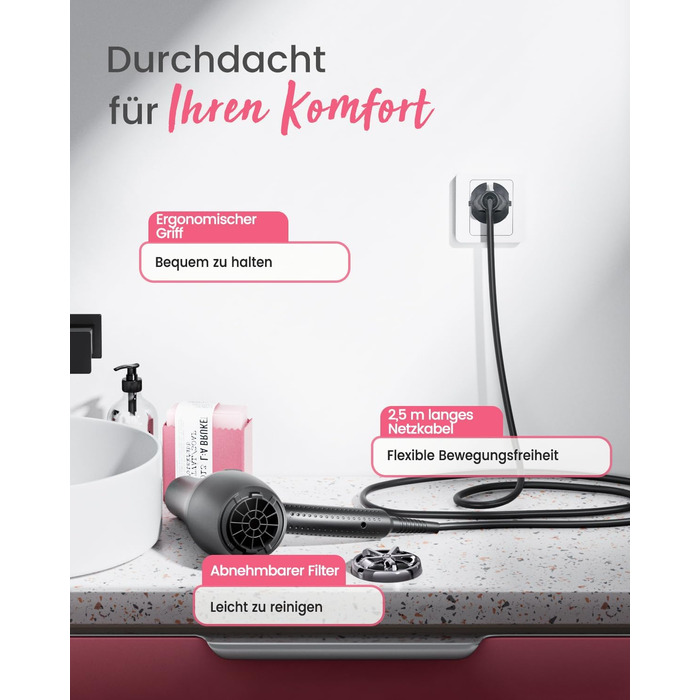 Dekuri Professional Ionic Hair Dryer with Diffuser & Styling Nozzles - 3 Heat & 2 Speed Settings, 2.5m Cord - Powerful Hair Dryer for Family Use (Black)
