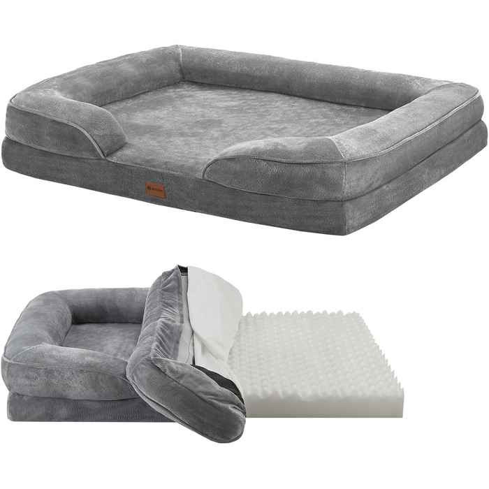 Juskys Dog Bed Sheena L Orthopedic, Washable & Non-Slip - 98 x 70 x 17 cm - Fluffy Dog Sofa for Medium-Sized Dogs Grey - Pet Bed Dog Sofa (L 105 x W 82 x H 17 cm)