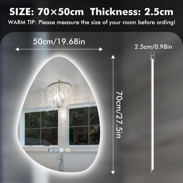 Круглий дзеркало для ванної кімнати з LED-підсвічуванням, 60 см, функція запобігання запотіванню, сенсорне управління & Bluetooth, регулювання яскравості, 3000K/4000K/6500K, HD-загартоване скло, дзеркало для ванної кімнати зі світлом (500*700 мм - крапель