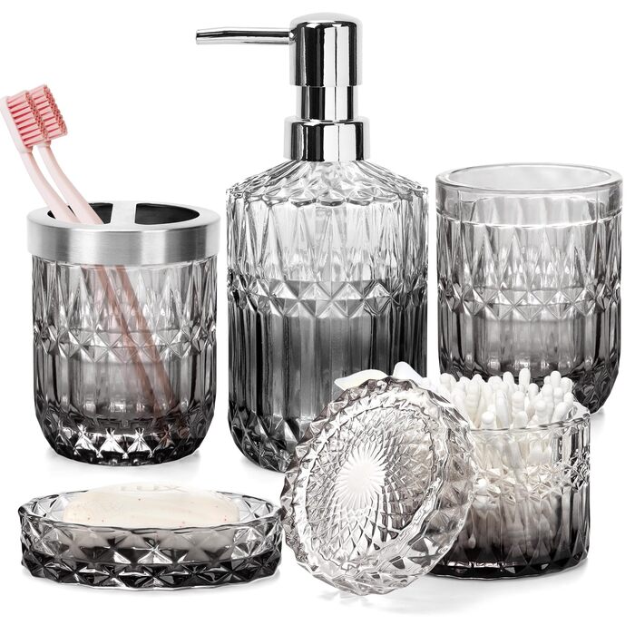 Набір аксесуарів для ванної кімнати 5 предметів, чорний: дозатор для мила, мильничка, підставка для зубних щіток, стаканчик, склянка для ватних паличок, градієнтний чорний