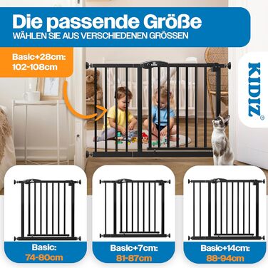 Захист для сходів KIDIZ без свердління | Ширина регулюється: 74-80 см, висота 75 см | Захист для дітей та собак, двостороннє відкривання однією рукою, система Open-Stop 90°, (Чорний, 102 - 108 см)