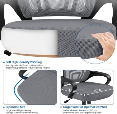 Офісний крісло Yaheetech ергономічне з сітчастою спинкою та підлокітниками, поворотне, для начальника, з регулюванням висоти, до 136 кг, темно-сірий