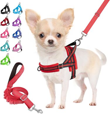 Нашийник для собак середнього та малого розміру з повідком, м'який, не тягне, з 2 кліпсами для повідка, легкий, світловідбиваючий, регульований (Червоний, XS)