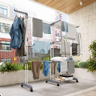 Сушарка для білизни 3-ярусна, турбо-тип, 75-200 см, висувна, з 2 обертовими крилами, висота 180 см, економна, на колесах, для квартири, балкону та саду (сіра)