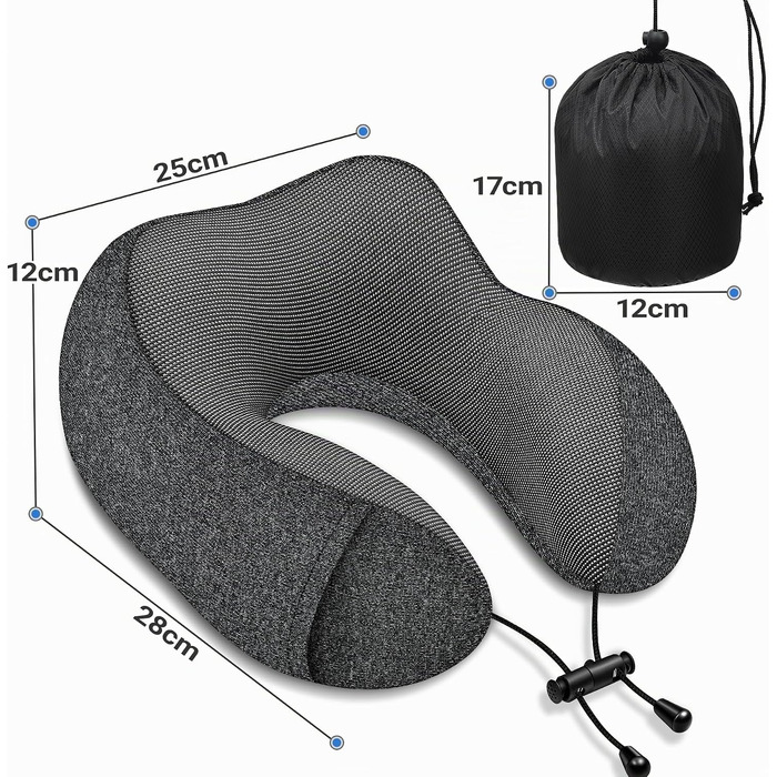 Подушка для подорожей під шию з ефектом пам'яті (Memory Foam) з маскою для сну 3D та берушами, сіра — ідеальна для літака, авто та офісу
