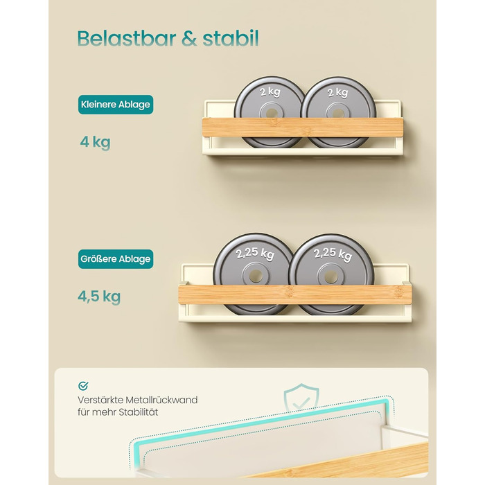 Магнітна полиця для спецій SONGMICS, 4 шт., 2 великі та 2 малі, без свердління, для кухні, холодильника, мікрохвильової печі, пральної машини, KCS061B01 (кремово-білий + натуральний бежевий, сталь + бамбук)