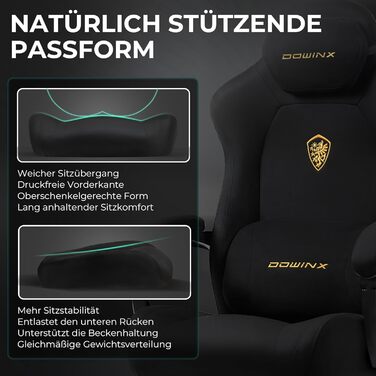 Ігровий крісло Dowinx з ергономічною підтримкою попереку, регульованою підголівником, посиленим сидінням, висувною підніжкою, регульованими підлокітниками, мікрофібровим велюром, нахилом 160°, чорне