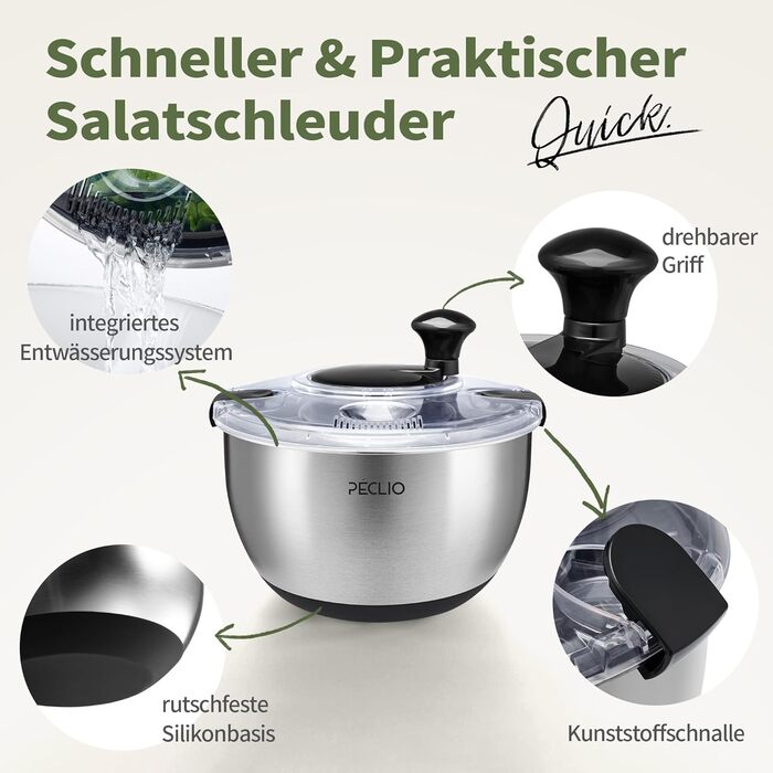 Салатниця-відцентрофуга Groß 4,5L з нержавіючої сталі 18/10 з прозорою кришкою, чорна
