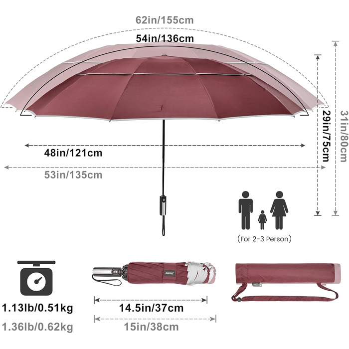 G4Free Парасолька велика, туристична, для гольфу, 10 ребер, автоматична, стійка до вітру, компактна, червона (54 дюйми)