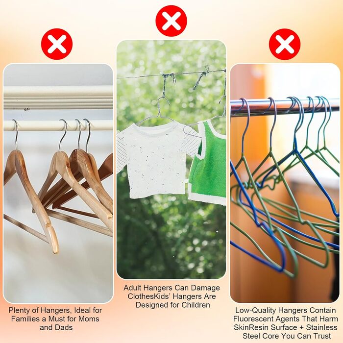 Набір вішалок для дитячого одягу 20 шт., 29 см – нержавіюча сталь, антикорозійні, водонепроникні та неслизькі, спеціально для дитячого одягу – кольори авокадо та помаранчевий