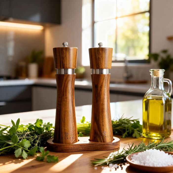 Набір з 2 мельниць для солі та перцю Ecence Holz з акації з керамічним механізмом, пензлик та підставки в комплекті